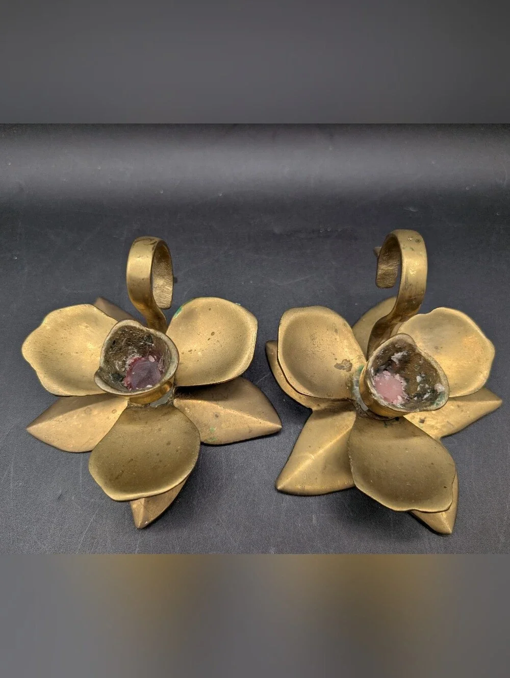 Pair Vintage Brass Orchid Flower Candlestick Holders